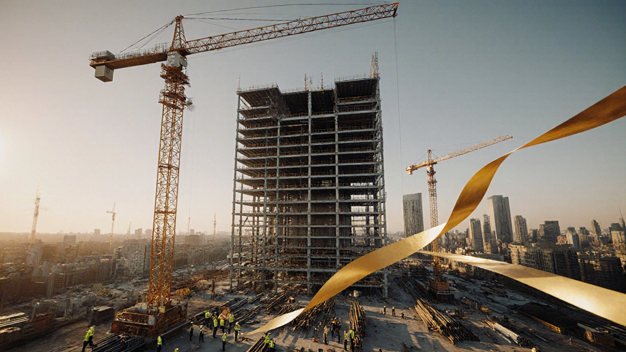 Aerial view of a commercial office tower under construction with cranes and workers at golden hour.