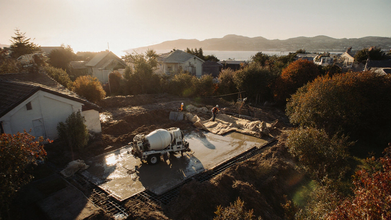 Aerial view of a foundation repair site with drainage, concrete pouring, and curing blankets.
