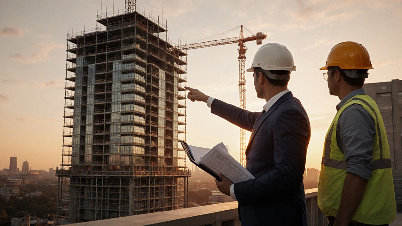 Architect overseeing a building site at sunset, inspecting construction progress.