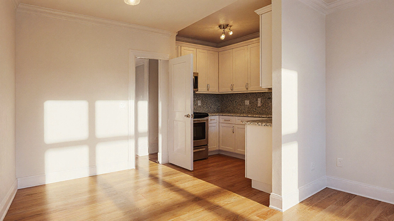 Completed modern living room with new flooring, paint, cabinets, and trim under warm light.
