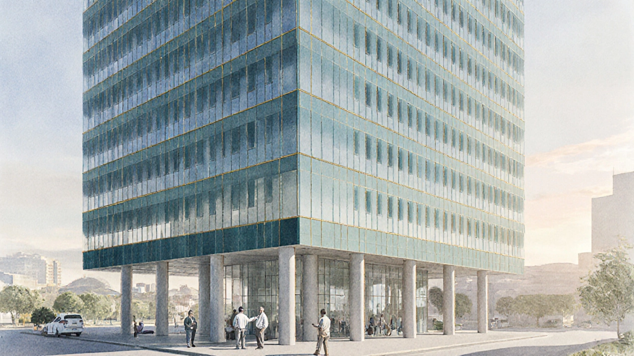 Completed office tower with visible column spacing illustrating the 1‑3 rule.
