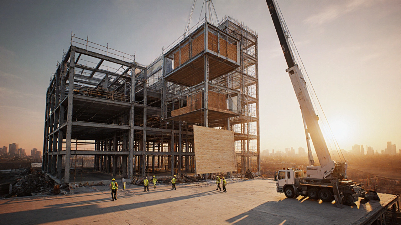 Construction site at sunset with steel framing, concrete podium, and timber modules being lifted.