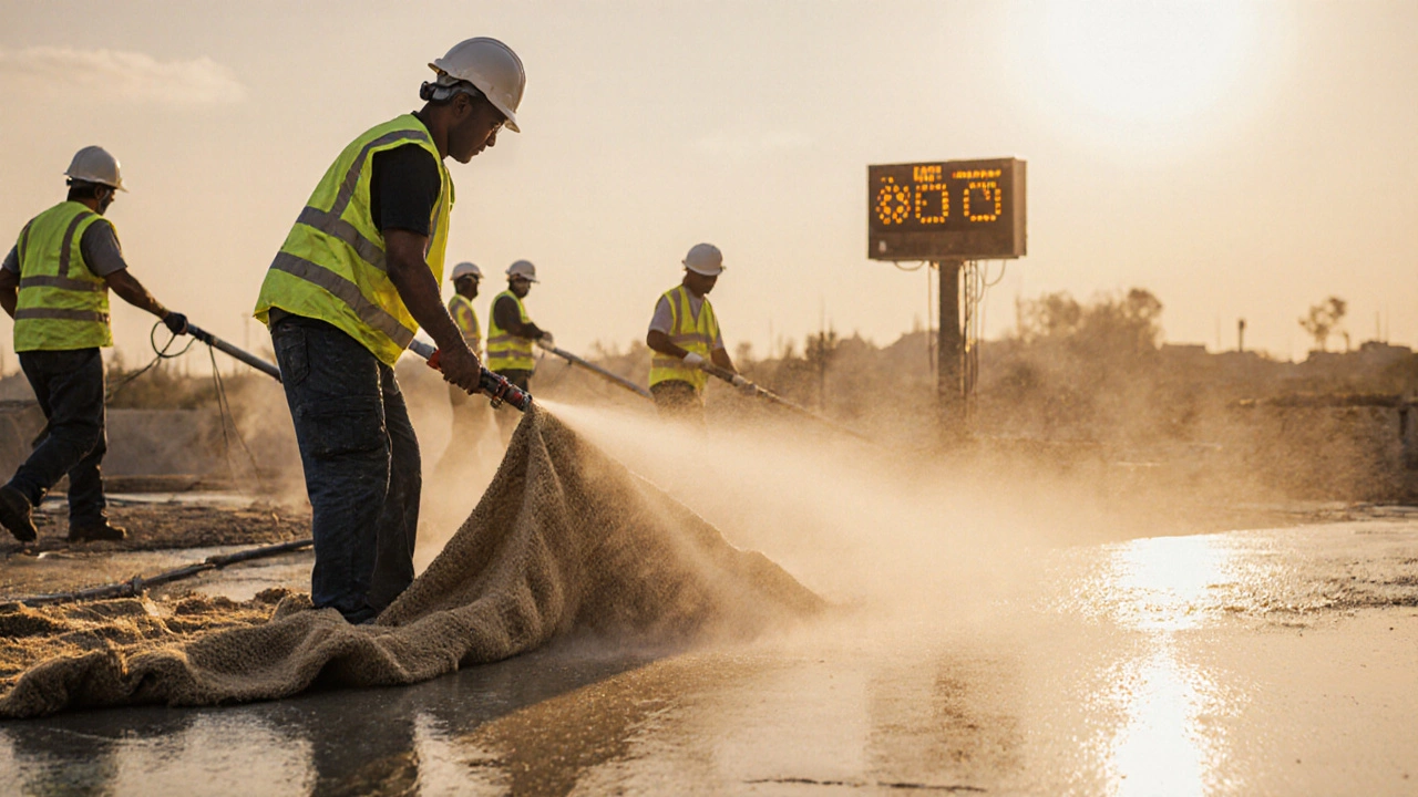 Construction workers applying wet burlap and mist to cure a fresh concrete slab at sunset.