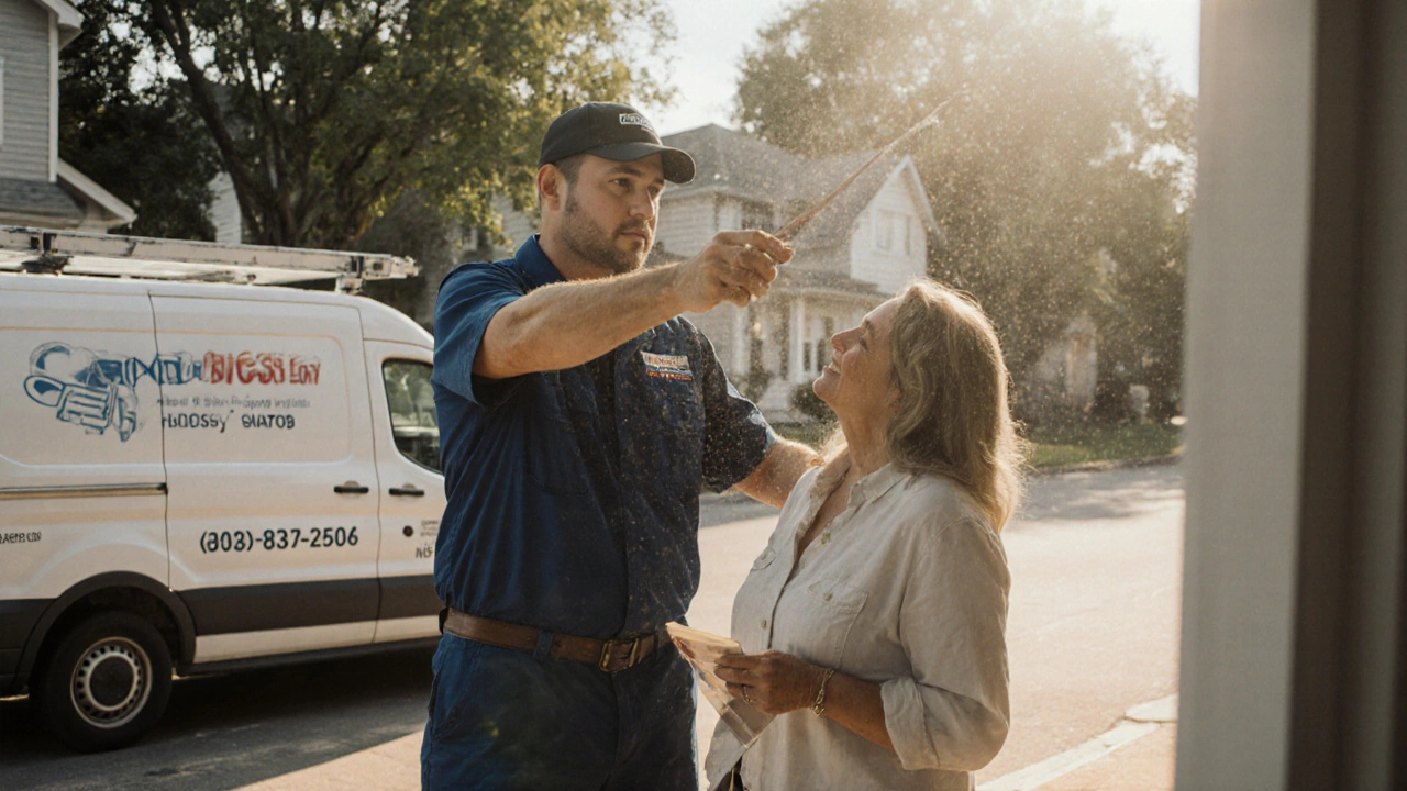 Contractor and homeowner inspecting detailed finish work at a renovated home.