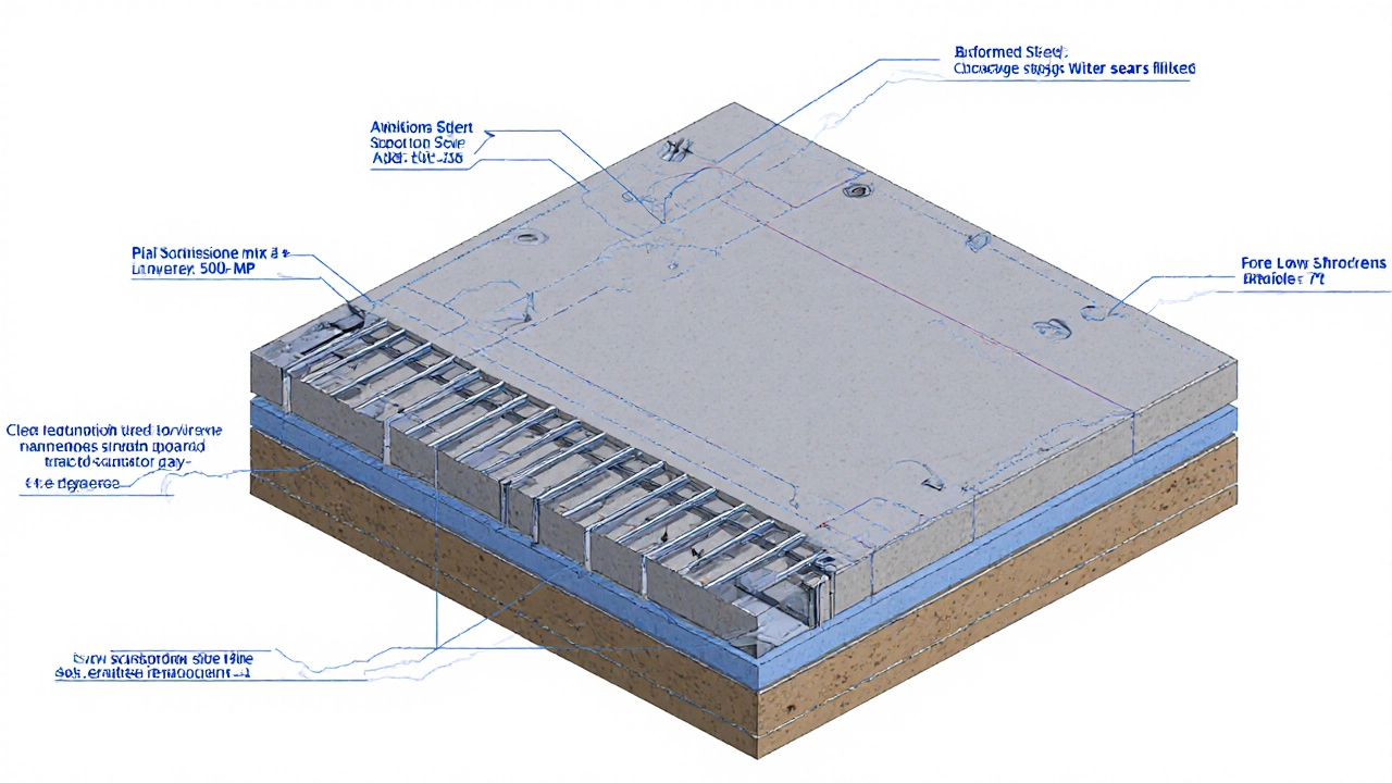 Cross‑section illustration of a concrete slab with expansion joints, reinforcement, and waterproof membrane.