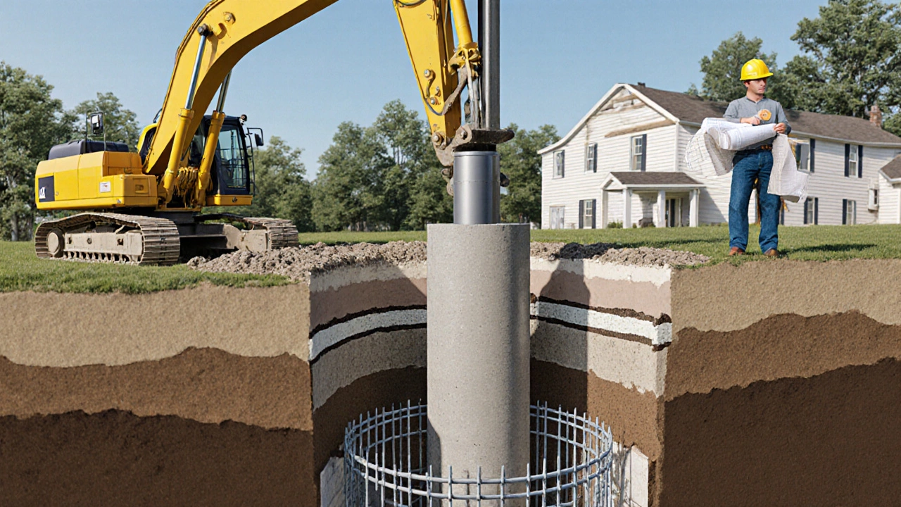 Cross‑section showing deep drilled pier installation with excavator, soil layers, and engineer.