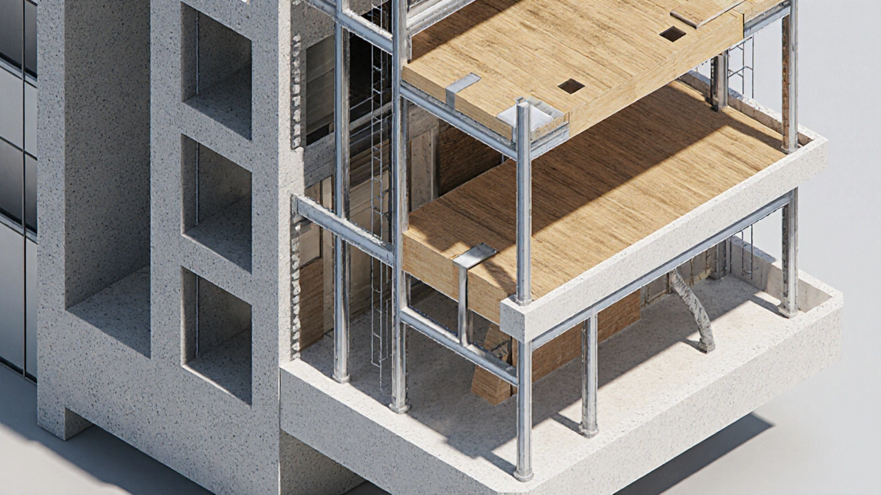 Cutaway view showing concrete core, steel frame, and timber floors with detailed connections.