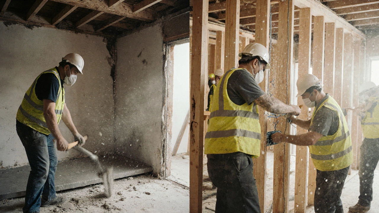 Demolition crew removing walls, then carpenters, electrician, and plumber working on framing.