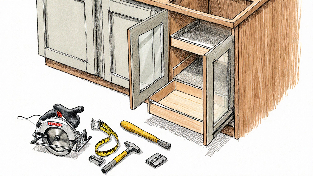 Detailed hand‑drawn view of cabinet construction showing wood panels, joints, and carpenter tools.