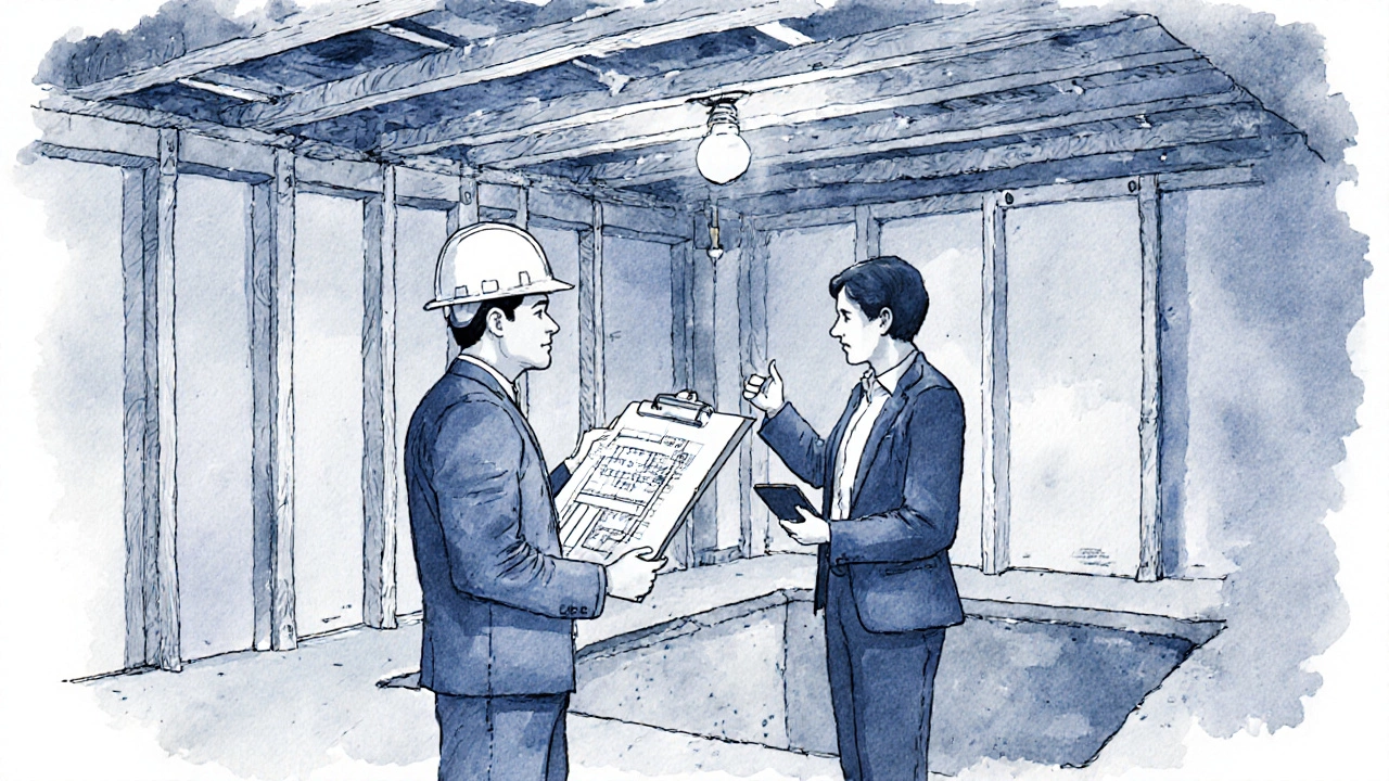 Engineer and adjuster inspecting a sagging basement slab.
