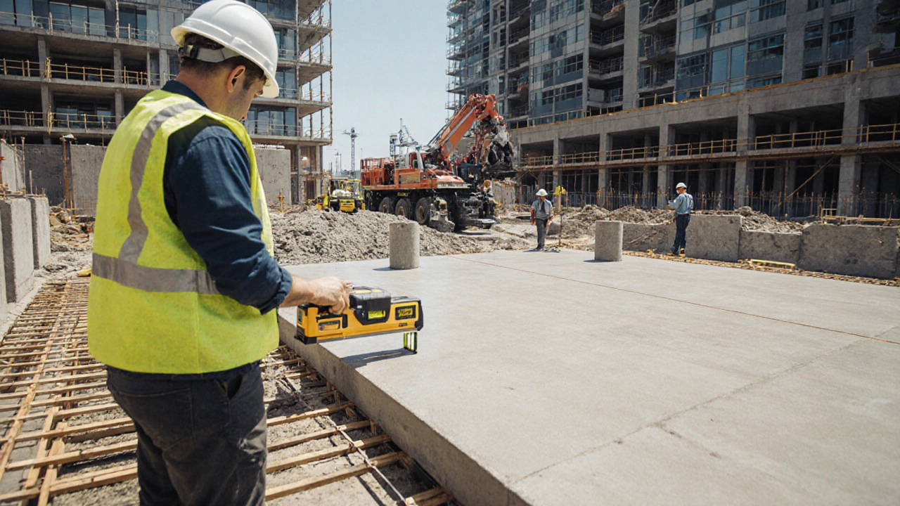 Engineer using a laser level on a concrete slab with temporary supports.