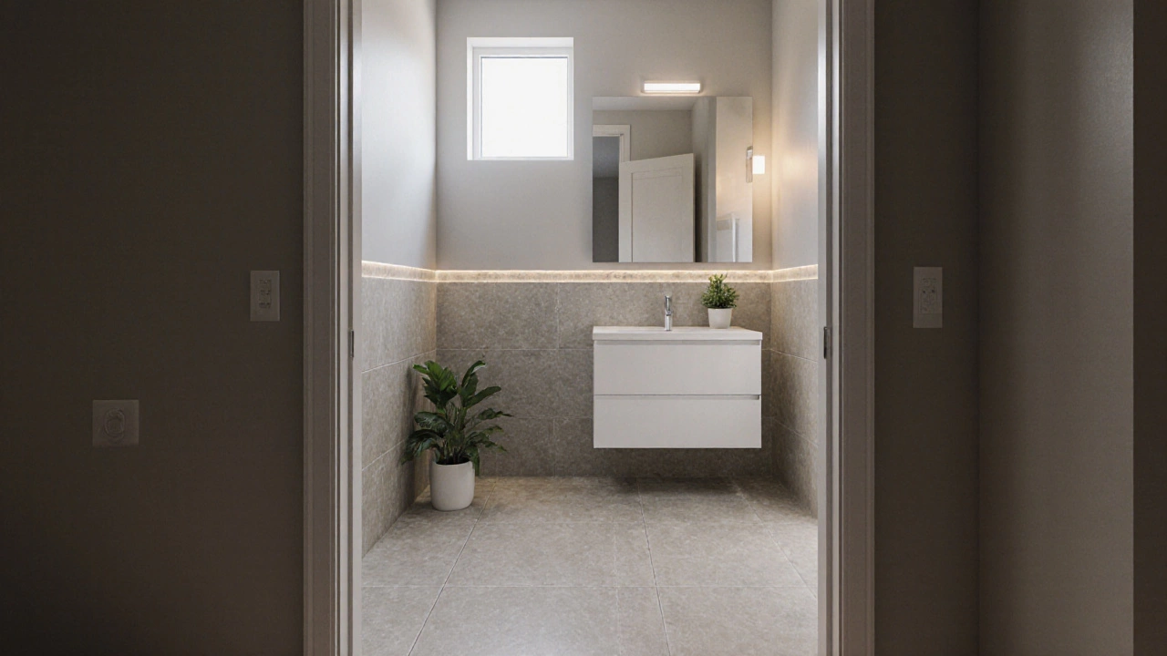 Finished modest bathroom with light gray tiles, white vanity, LED light and a small plant.
