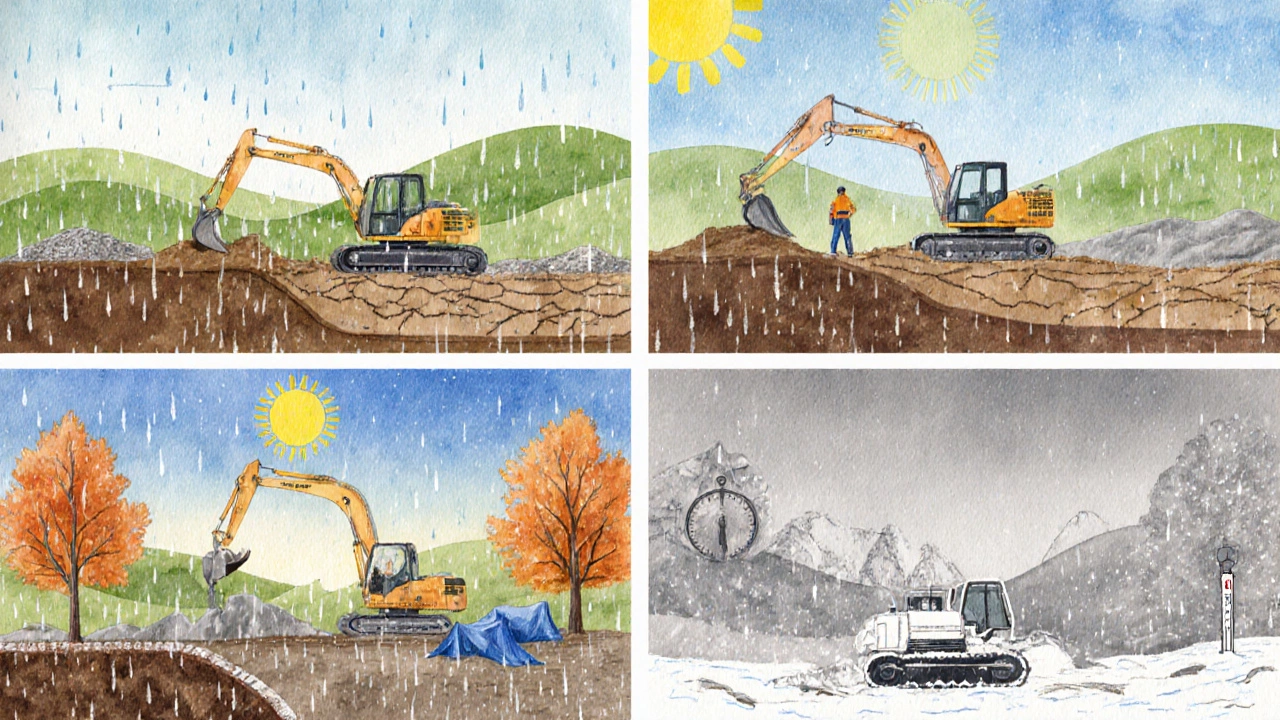 Four watercolor panels illustrating foundation work in spring, summer, autumn, and winter.