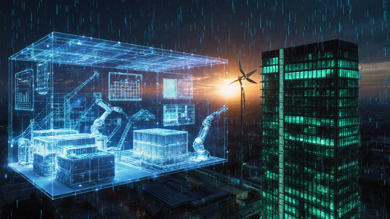 Futuristic scene of a digital twin hologram over a construction site with AI data, modular factory, and green building.