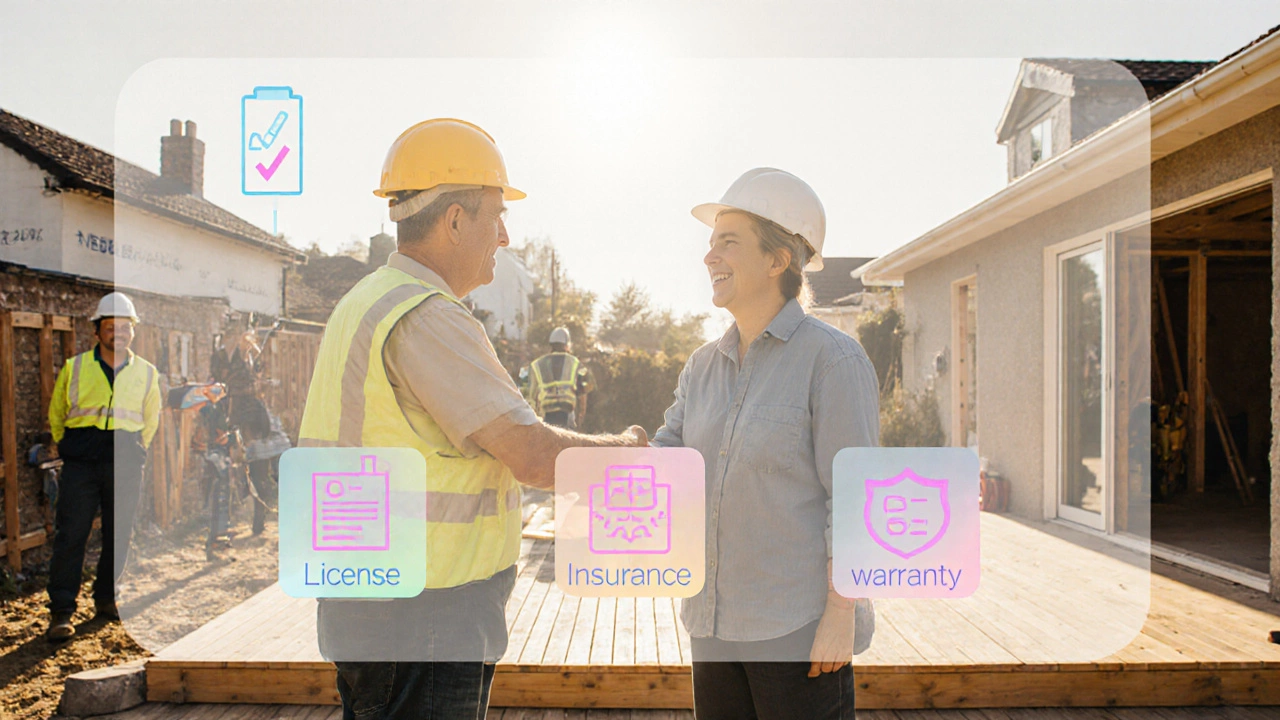 Homeowner and contractor shaking hands in front of a completed extension with floating checklist icons.