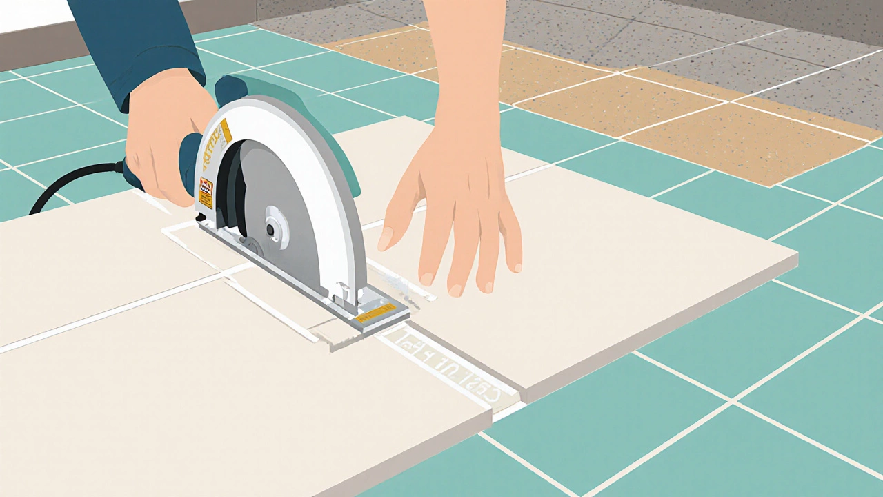 Homeowner cutting and laying large porcelain tiles on a bathroom floor using a wet saw.