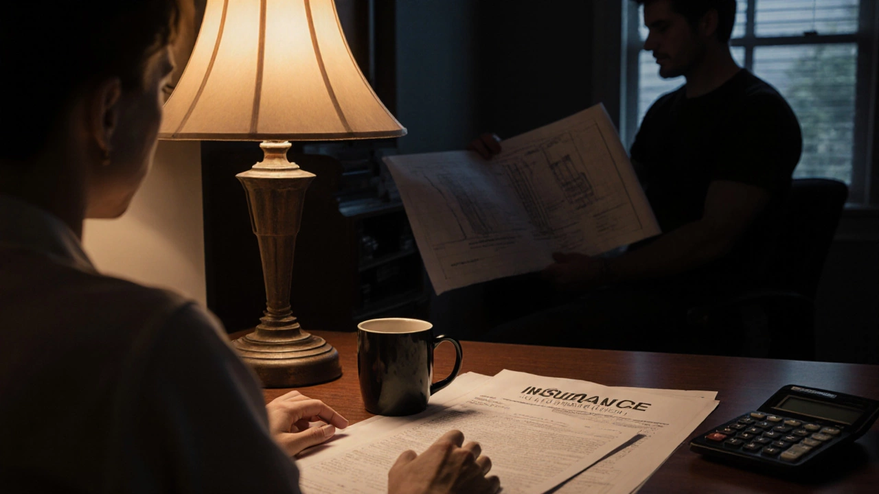 Homeowner discussing repair financing with contractor over documents at night.