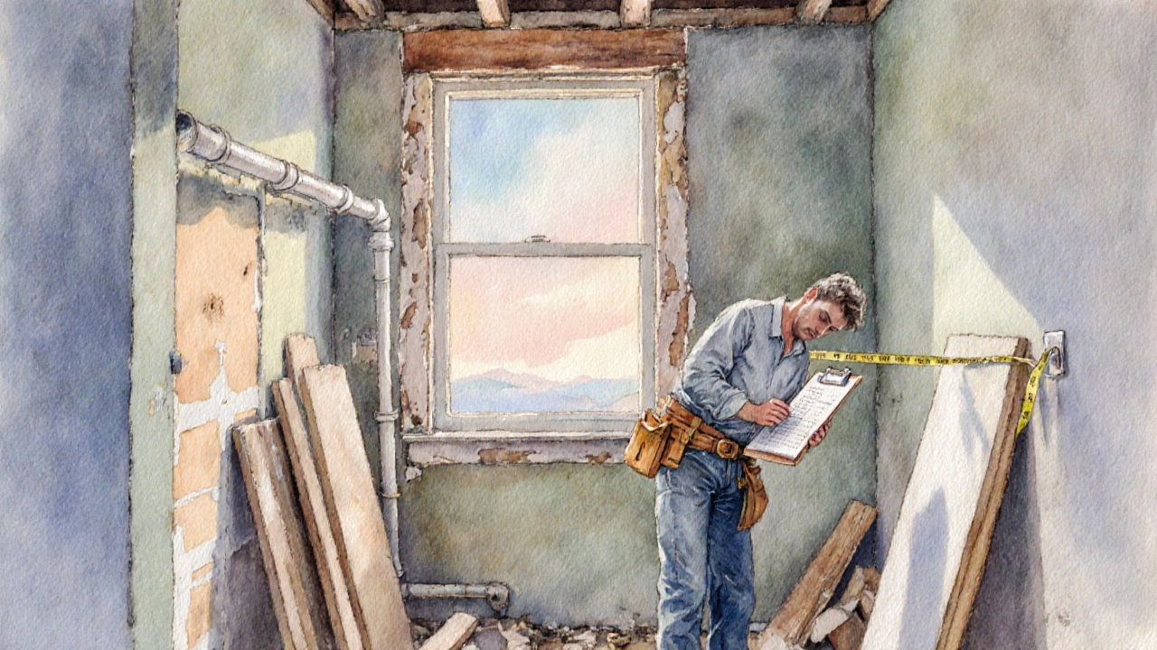 Homeowner measuring and preparing a partially demolished kitchen.