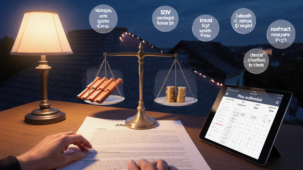 Homeowner reviews a roof contract at night with scales balancing roof tile and coins.