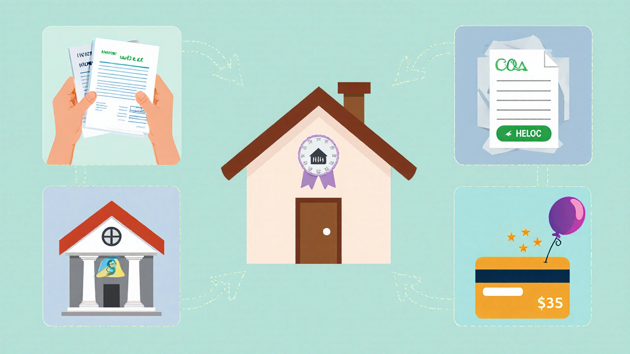 Illustration of five roof payment types surrounding a house roof icon.