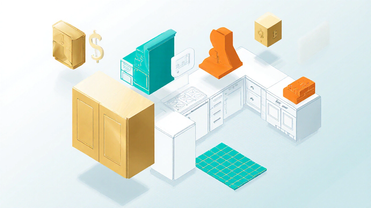 Isometric kitchen layout with color‑coded icons illustrating cost distribution among cabinets, countertops, appliances, and labor.