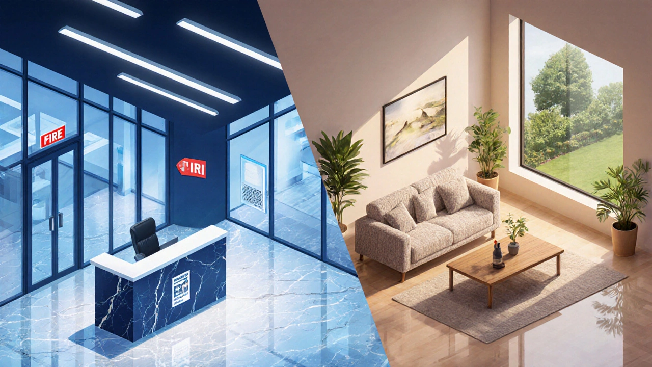 Isometric view of a commercial office lobby next to a cozy residential living room.