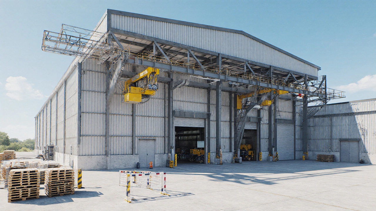 Large metal‑clad warehouse with exposed steel frames, cranes, and loading docks.