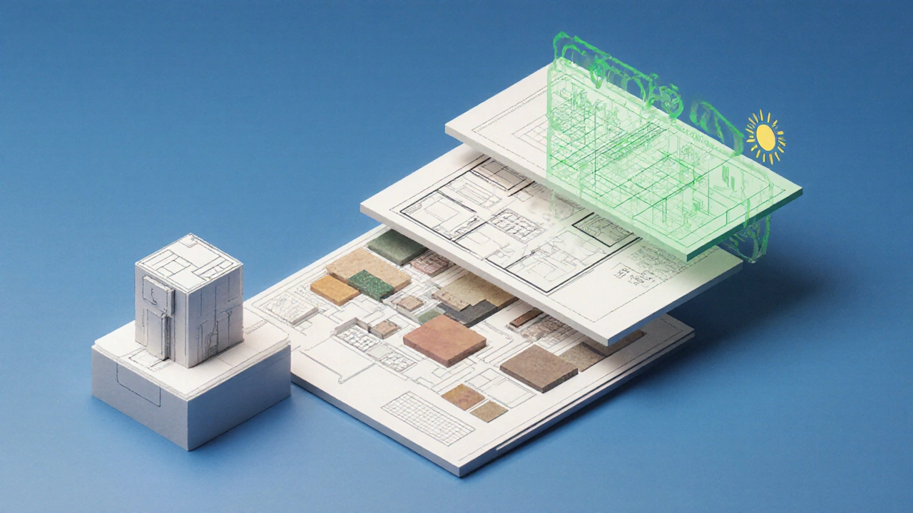Layered illustration of design phases from massing model to detailed drawings with sustainability overlays.