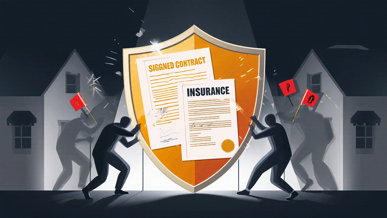 Protective shield of contract and licenses guarding a house from red flag threats.