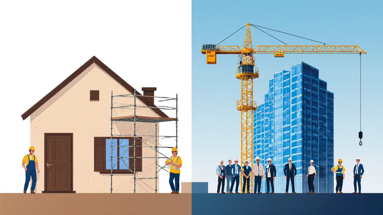 Side‑by‑side view of a modest home build and a large commercial tower under construction.