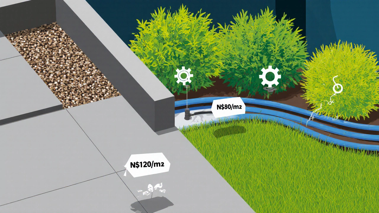 Split view of concrete patio with retaining wall and native shrubs with price tags.