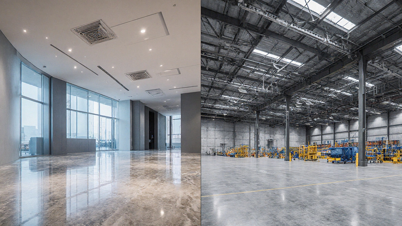 Split view showing a sleek office lobby on one side and an open industrial floor on the other.