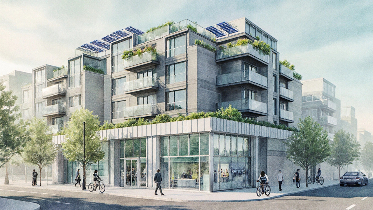 Watercolor mixed‑use tower showing retail on the ground floor and residential apartments above.