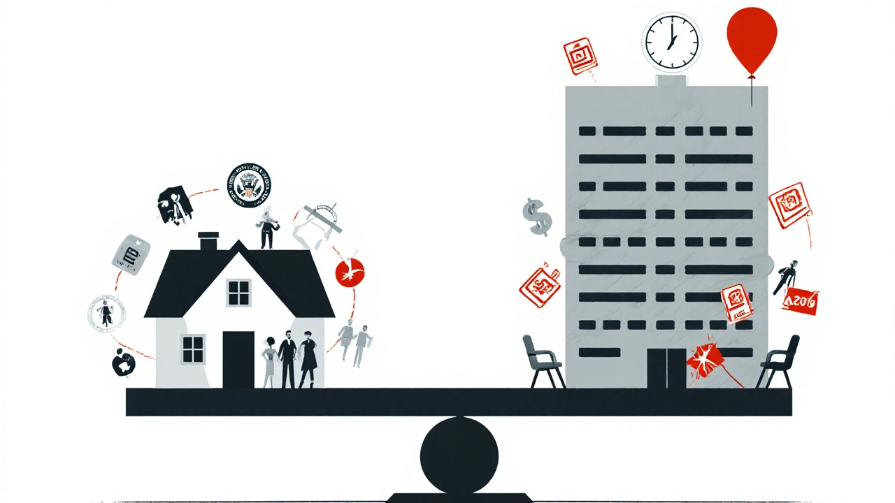A balance scale comparing a house and commercial building with symbols of stability and uncertainty.