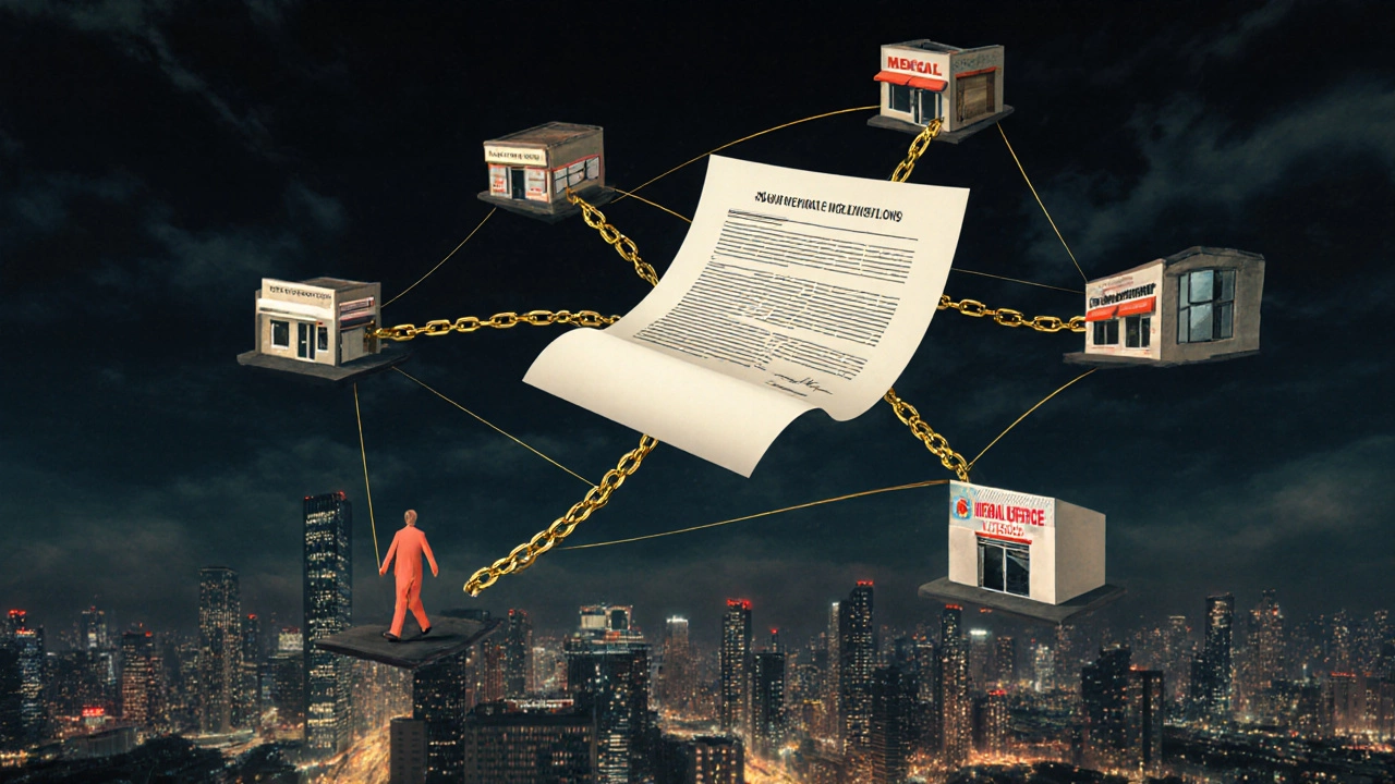 A commercial loan document above a city skyline, connected to failing businesses and one stable medical office.