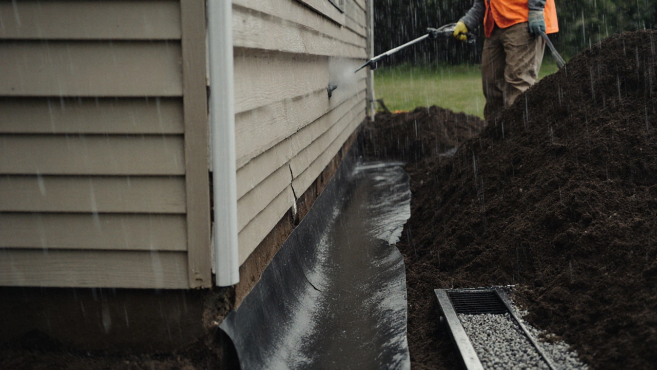 Contractor excavating soil outside a home to repair a bowed foundation wall with waterproofing.