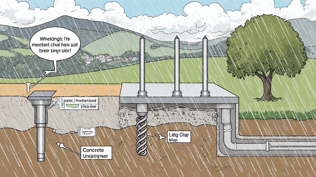 Cross-section diagram showing steel piers, helical piers, and concrete underpinning stabilizing a home foundation in clay soil.