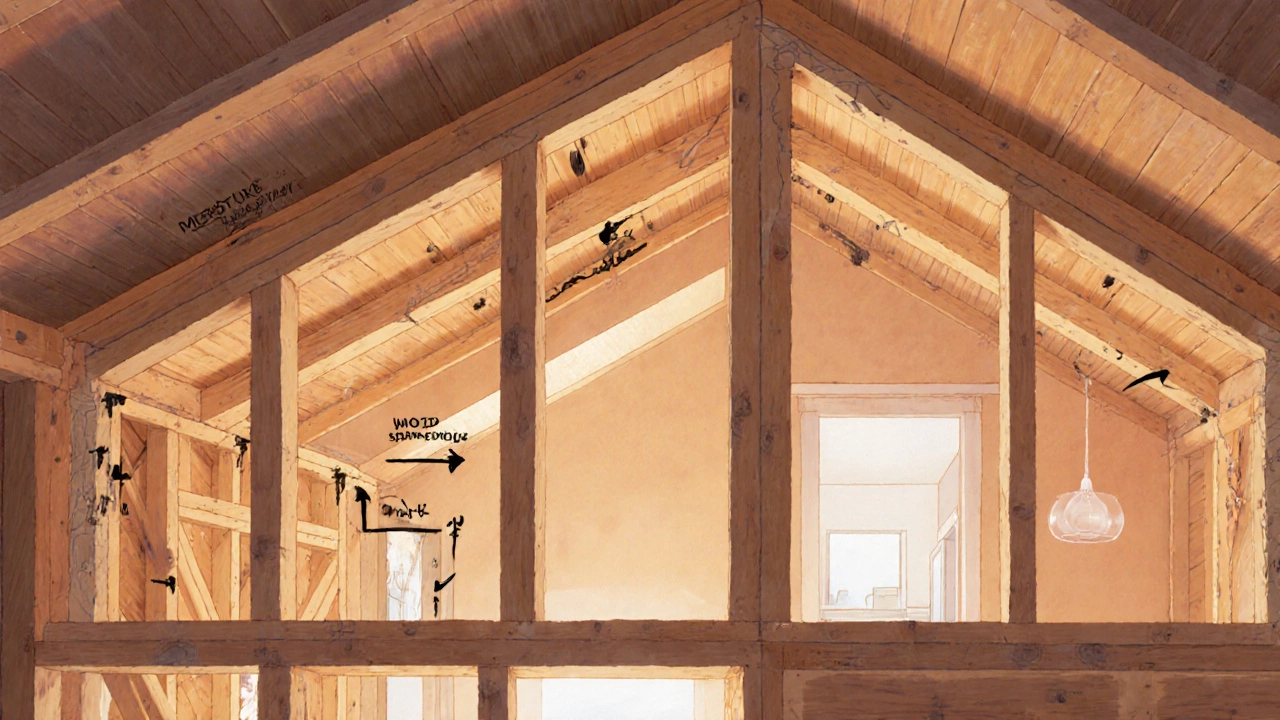 Cross-section of a house showing moisture escaping and drywall cracking as wood shrinks over time.