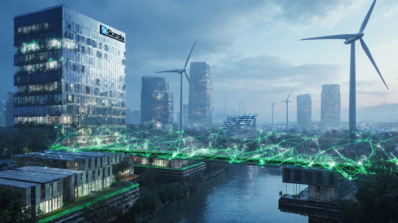 Futuristic green city with solar panels, wind turbines, and glowing data streams.