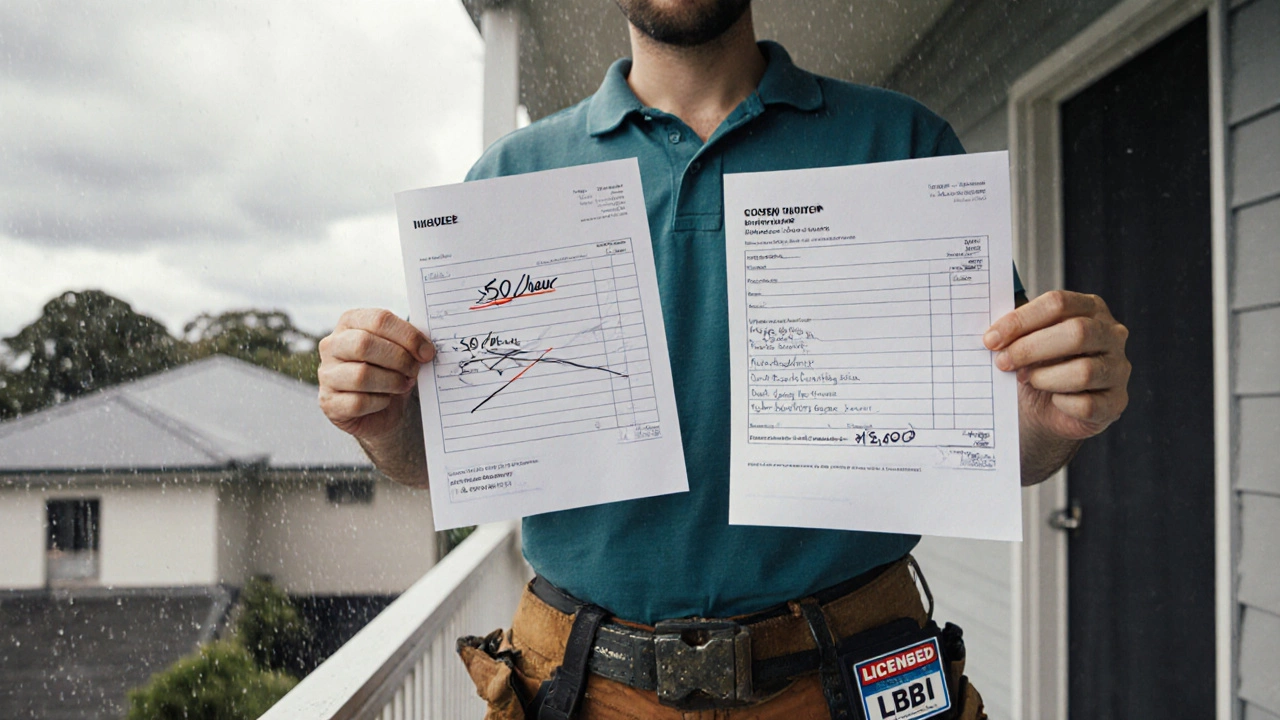Homeowner comparing two roofing quotes—one hourly, one flat-rate—under a stormy sky with LBP badge visible.