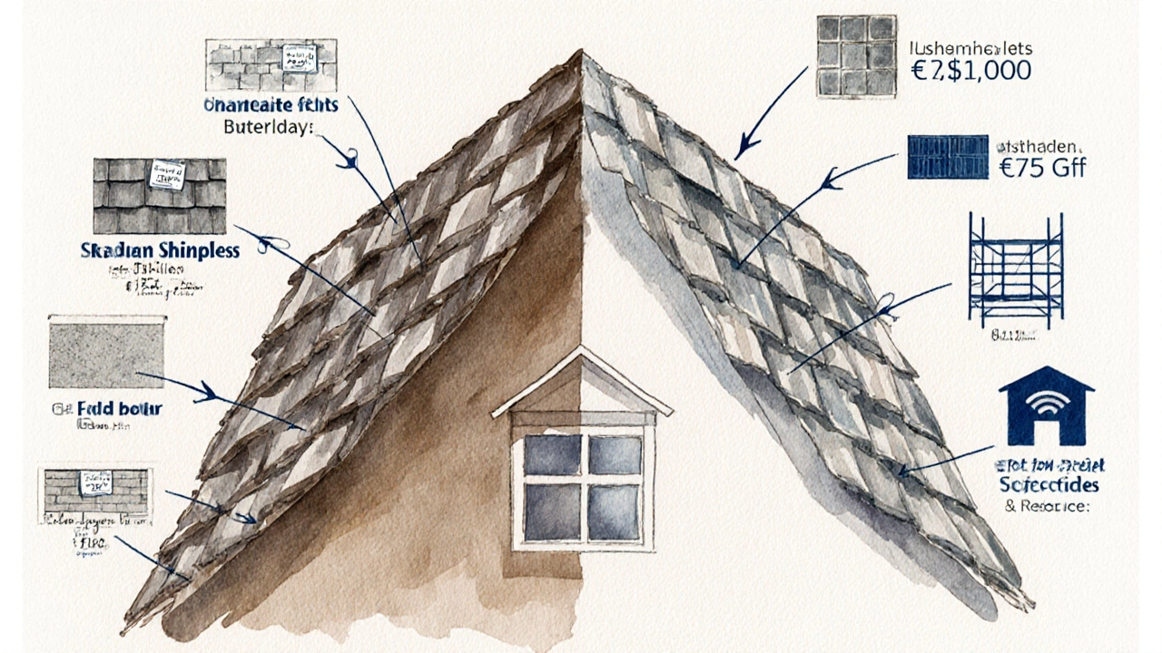 Illustrated breakdown of roof replacement costs showing materials, labor, and hidden fees connected to a house silhouette.
