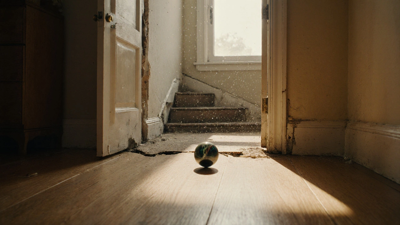 Interior of a home with a sloping floor and a crack running from floor to wall, doors stuck open.