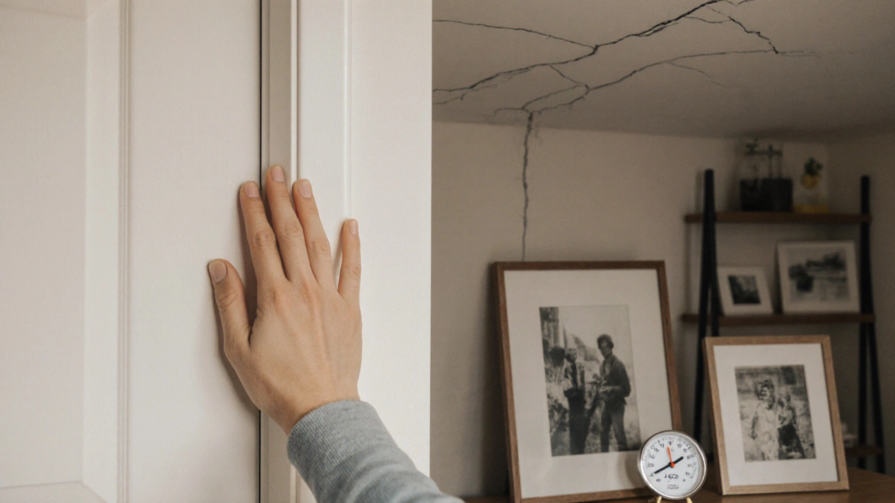 Person testing wall stability in a new home, with a hygrometer and light decor nearby.