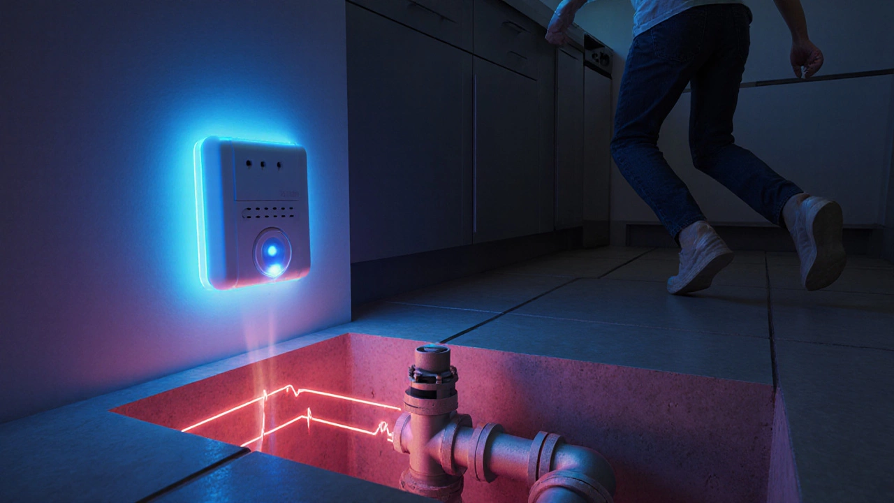 Smart water sensor alerting homeowners to a hidden pipe leak under the foundation, with a shut-off valve activating.