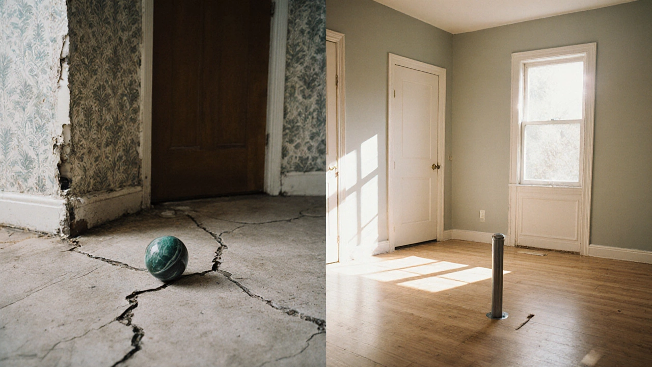 Split image: left shows a sloping floor with cracks; right shows the same room level and repaired after foundation work.