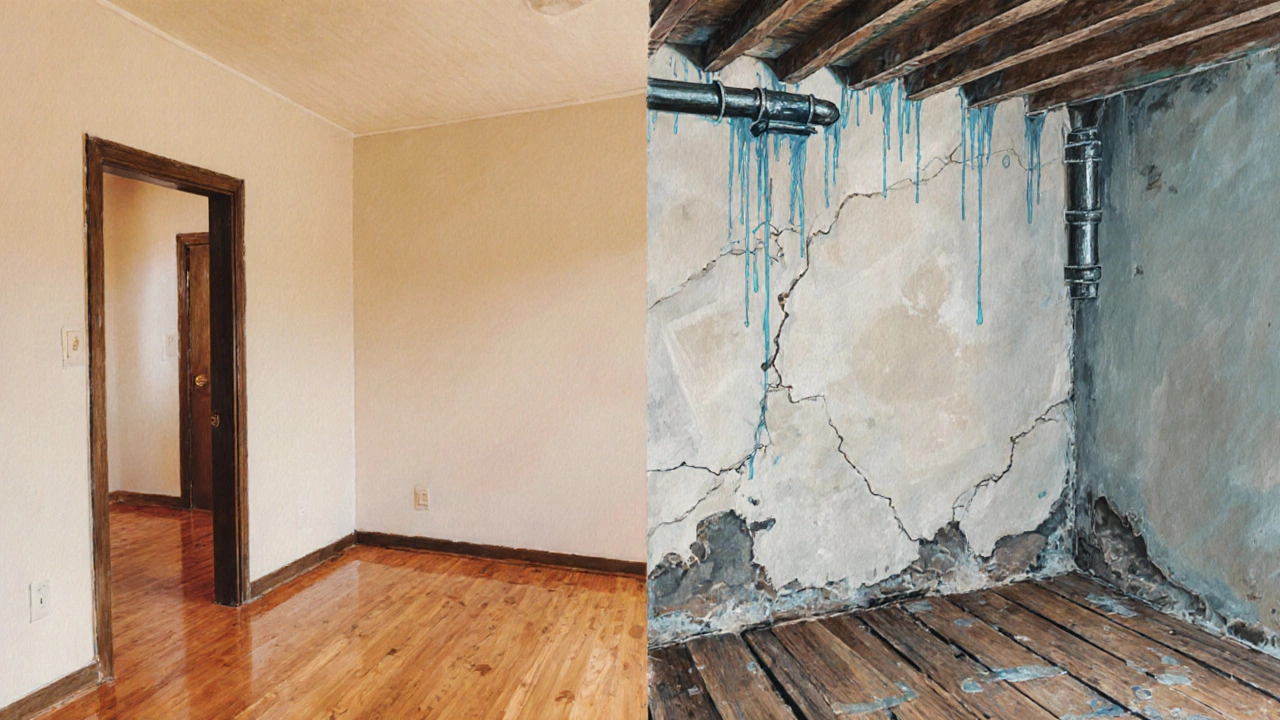 Split interior of a home showing pristine conditions on one side and water damage with cracks and stains on the other.