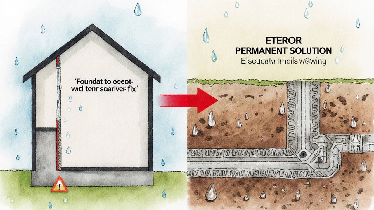 Split-view illustration comparing interior epoxy repair to exterior drainage solution for foundation cracks.