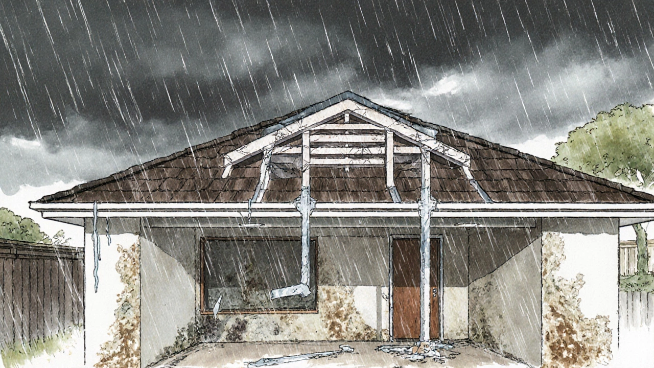 Structural beams replacing roof trusses with visible mold and water damage inside.