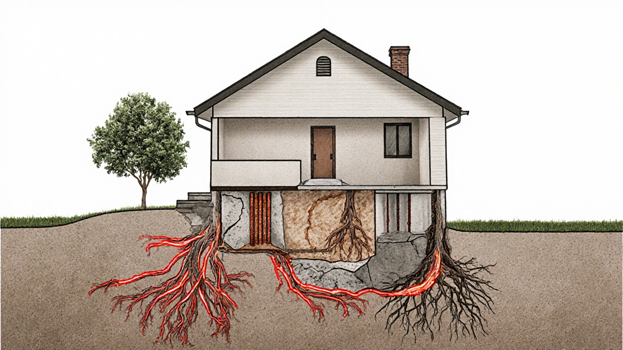 Transparent cross-section of a house showing hidden soil erosion, tree roots, and rusted rebar causing foundation stress.