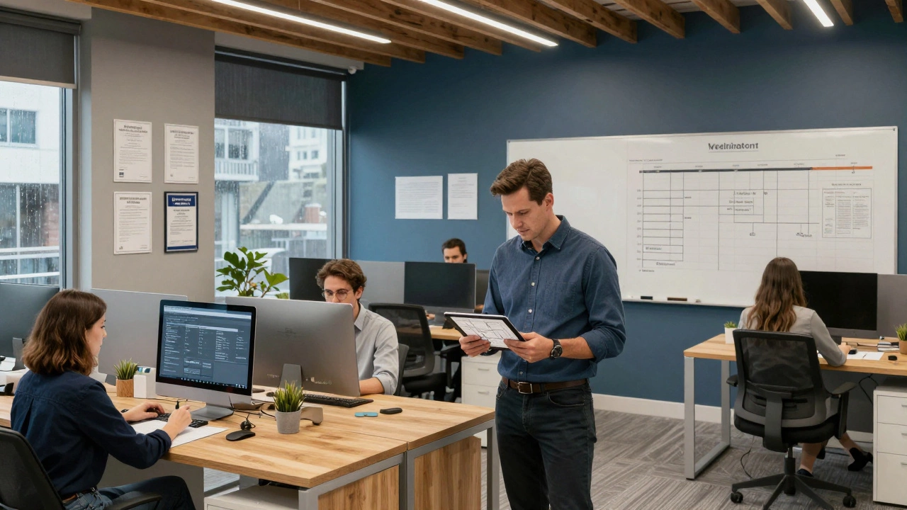 A construction company office with project managers reviewing blueprints and permits.